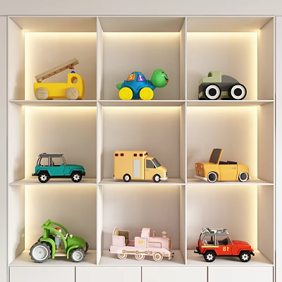 Electric Toy Cars Various Types Colorful Fire Truck Ambulance Dinosaur Car Displayed on White Shelves 3d model