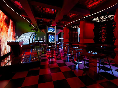 Stylish Bar Interior Featuring Red Black Lighting Checkered Floor Bar Counter Tables Chairs And Screens 3d model