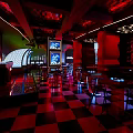 Stylish Bar Interior Featuring Red Black Lighting Checkered Floor Bar Counter Tables Chairs And Screens