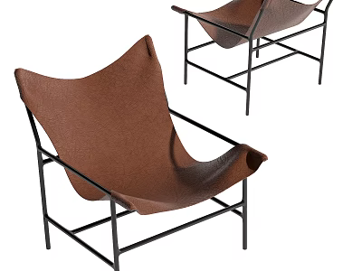 Stylish Modern Leisure Chair With Brown Leather Seat And Black Metal Frame 3d model