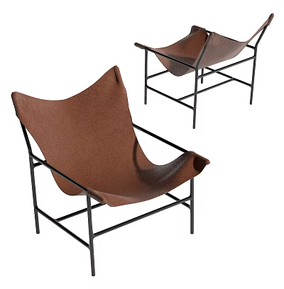 Stylish Modern Leisure Chair With Brown Leather Seat And Black Metal Frame 3d model