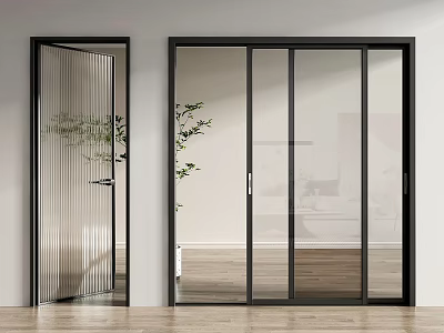 Modern Black Frame Sliding Glass Doors For Home Interior With Green Plants 3d model