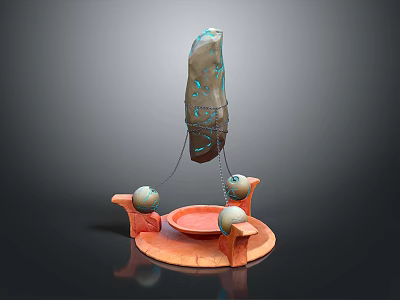 Abstract Sculpture With Vertical Blue Spotted Structure Orange Base Curved Supports Red Tray And Spheres 3d model