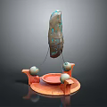 Abstract Sculpture With Vertical Blue Spotted Structure Orange Base Curved Supports Red Tray And Spheres