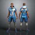 Male Character with Blue White Outfit VIP Hoodie Shorts Silver Leggings Front Back Views