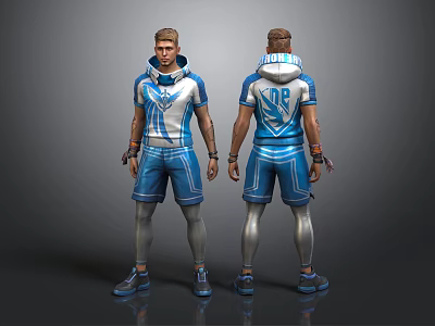 Male Character with Blue White Outfit VIP Hoodie Shorts Silver Leggings Front Back Views 3d model