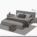 Double Bed with Upholstered Headboard Beige Bedding Bedside Tables Decorations Stool and Rug in Bedroom