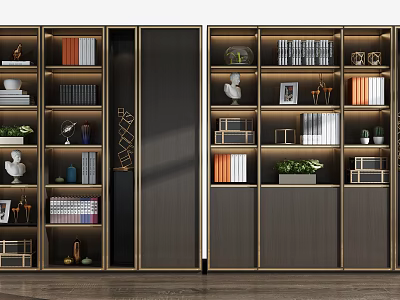 Elegant Modern Bookshelf With Storage Shelves Holding Books Plants Sculptures And Photo Frames 3d model