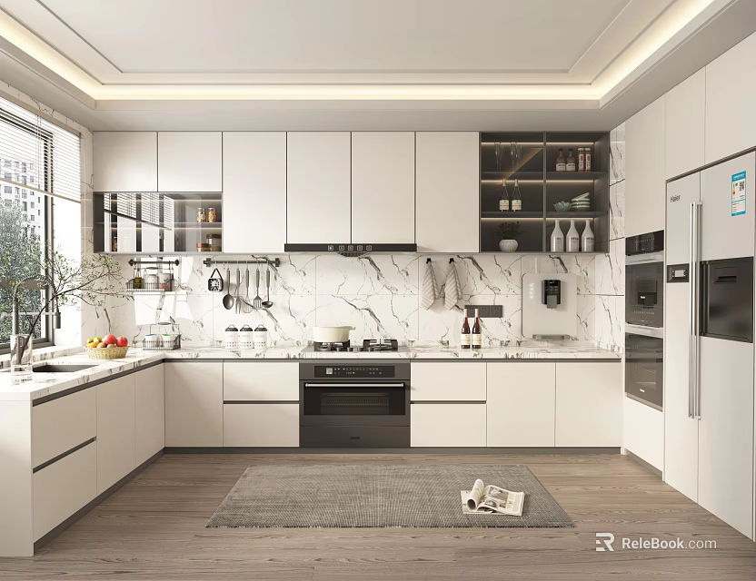 Modern Kitchen Interior With White Cabinets Marble Countertops Appliances And Natural Light From Window 3d model 