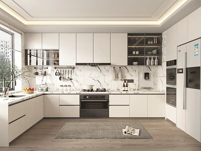 Modern Kitchen Interior With White Cabinets Marble Countertops Appliances And Natural Light From Window 3d model