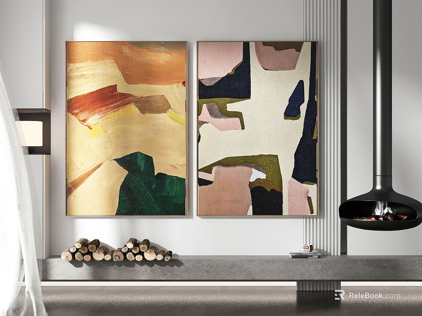 Abstract Paintings Featuring Colorful Geometric Shapes In Modern Interior Wall 3d model 