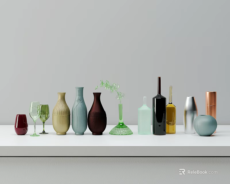 Assorted Ceramic Vessels in Various Colors and Shapes on White Display Shelf 3d model 