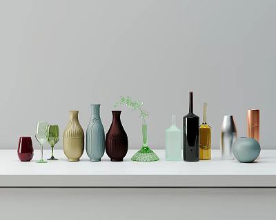 Assorted Ceramic Vessels in Various Colors and Shapes on White Display Shelf 3d model