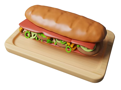 Delicious Hot Dog With Veggies On Wooden Tray 3d model