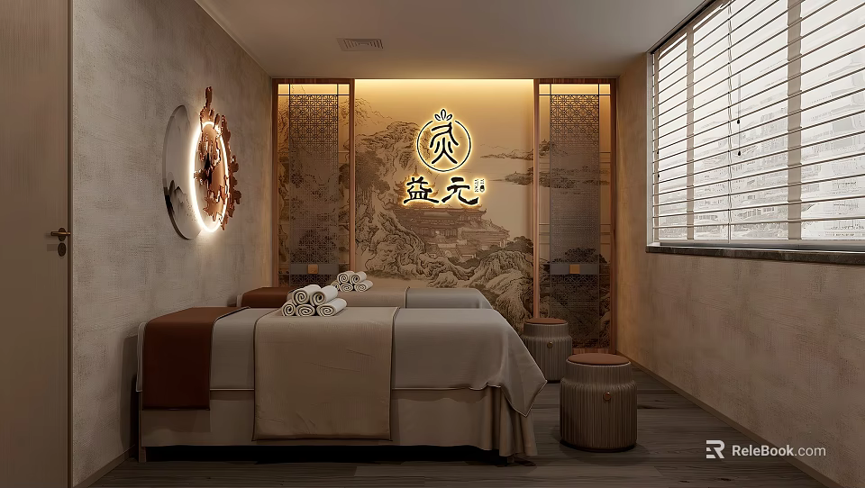 Serene Chinese Style Beauty Treatment Salon Interior with Massage Bed Circular Decoration and Soft Lighting 3d model 
