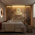 Serene Chinese Style Beauty Treatment Salon Interior with Massage Bed Circular Decoration and Soft Lighting