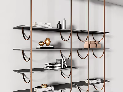 Modern Bookshelf Interior With Metal Frame Black Shelves And Decorative Books Ornaments 3d model