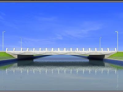 White Railed Bridge With Street Lamps Spanning Water Under Blue Sky Reflection 3d model