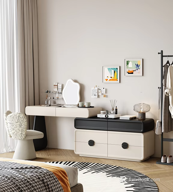 Modern Minimalist Dressing Table With Mirror Cosmetics Chair And Wall Paintings 3d model 