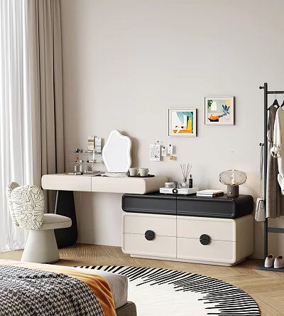 Modern Minimalist Dressing Table With Mirror Cosmetics Chair And Wall Paintings 3d model