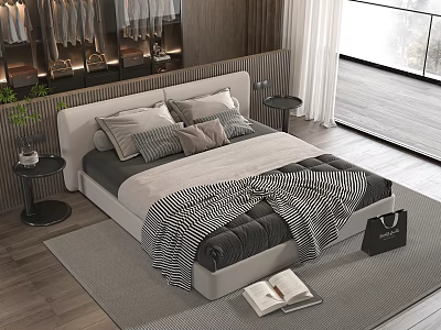 Modern Double Bed Bedroom With Comfortable Pillows Cozy Bedding Side Nightstand And Soft Rug 3d model
