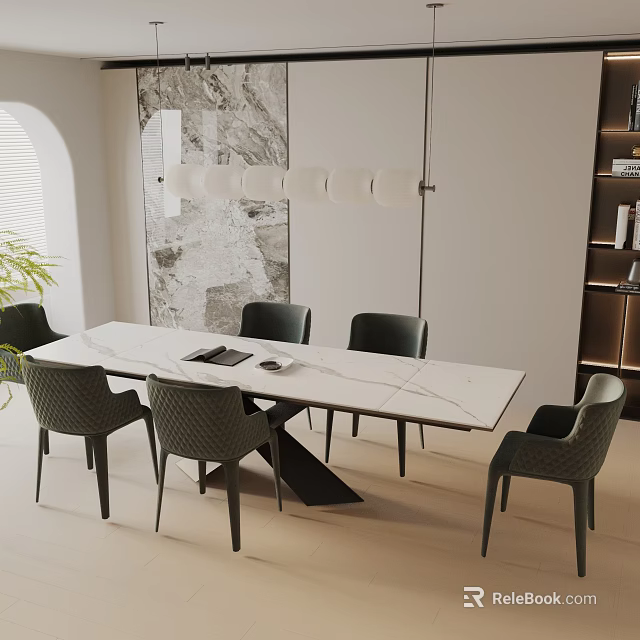 Modern Dining Table Set With Marble Top And Dark Chairs And Pendant Lights 3d model 
