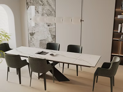 Modern Dining Table Set With Marble Top And Dark Chairs And Pendant Lights 3d model