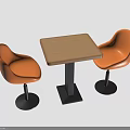 Group Of People Sitting At Square Wooden Table With Orange Chairs And Black Legs