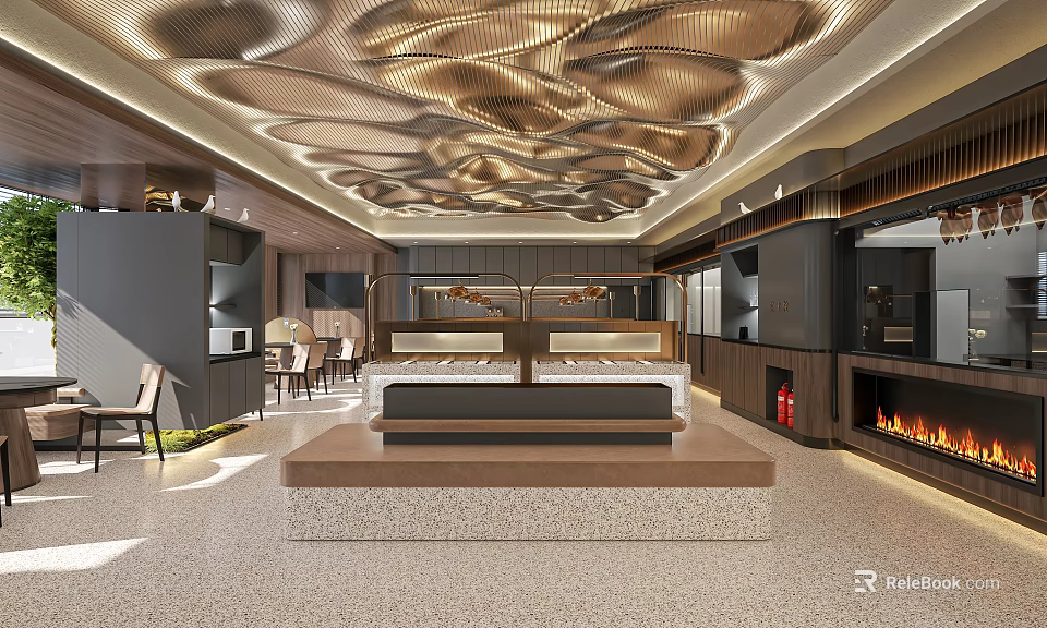 Modern Restaurant Interior With Luxurious Ceiling Design Seating Area And Fireplace Accent 3d model