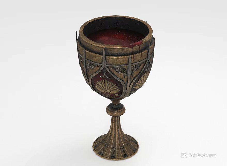 Ornate Metallic Wine Glass Featuring Carved Geometric Floral Patterns Flared Base And Red Wine Inside 3d model 