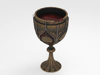 Ornate Metallic Wine Glass Featuring Carved Geometric Floral Patterns Flared Base And Red Wine Inside 3d model