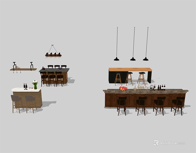 Modern Bar Counter Design With Hanging Lights Stools And Decorative Items 3d model