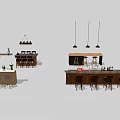 Modern Bar Counter Design With Hanging Lights Stools And Decorative Items 3d model