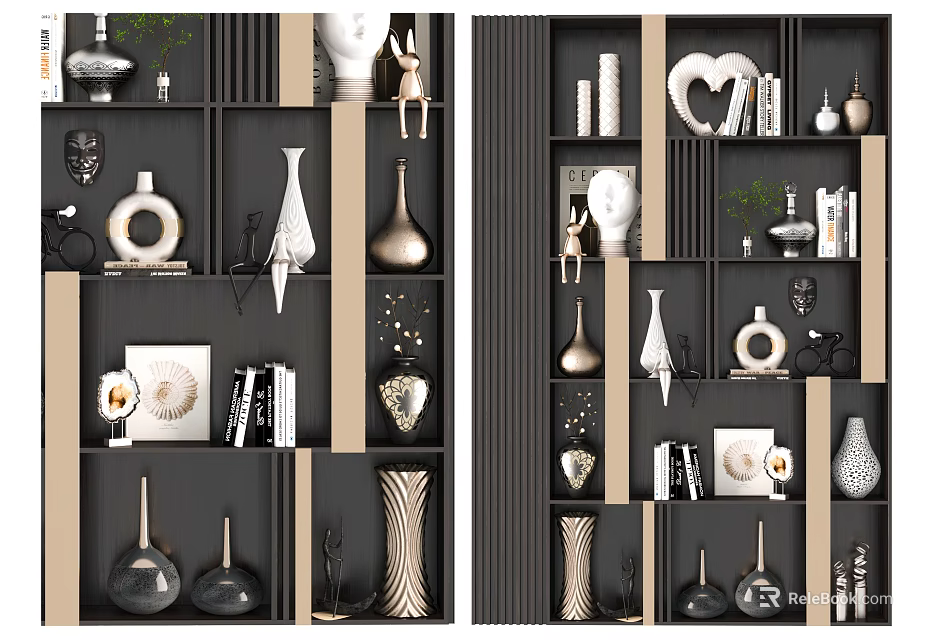 Stylish Modern Decorative Ornaments Combination On Shelves With Vases Sculptures And Books 3d model 