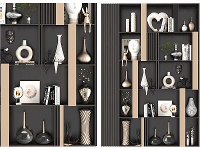 Stylish Modern Decorative Ornaments Combination On Shelves With Vases Sculptures And Books 3d model
