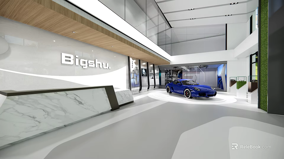 Modern Store Front Desk With Marble Counter Blue Sports Car And Spacious Interior 3d model 
