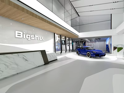 Modern Store Front Desk With Marble Counter Blue Sports Car And Spacious Interior 3d model
