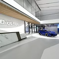 Modern Store Front Desk With Marble Counter Blue Sports Car And Spacious Interior