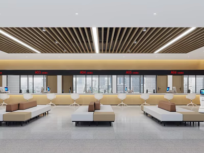 Modern Bright Service Hall Interior Design With Service Counters Comfortable Seats And Large Windows 3d model