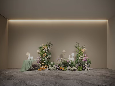 Indoor Floral Installation With Colorful Flowers Greenery Wall Lighting Table Lamps And Marble Floor 3d model