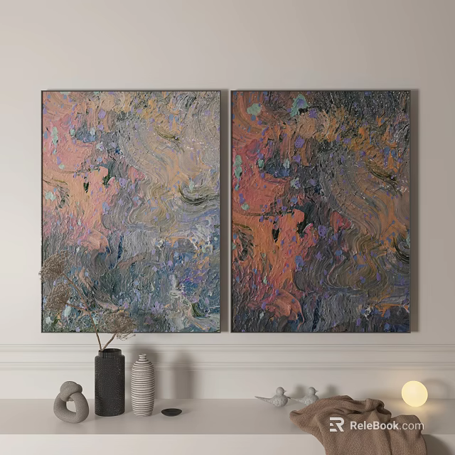 Colorful Abstract Paintings With Textured Patterns Hanging In Living Room With Decorative Items 3d model 