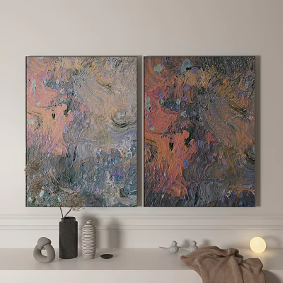 Colorful Abstract Paintings With Textured Patterns Hanging In Living Room With Decorative Items 3d model