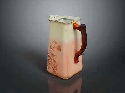 Decorative Ceramic Pitcher With Pink And White Gradient Wooden Handle And Floral Pattern Design 3d model