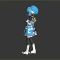 Anime Style Game Movie Character With Blue Hair Horns Bow And Blue White Dress