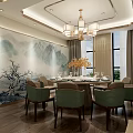 Elegant Private Dining Room Interior With Set Round Table Green Chairs Chandelier And Wall Art