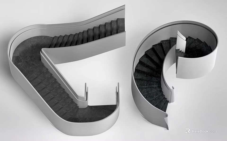 Modern Spiral Staircase Design With Silver Handrail And Black Steps 3d model 