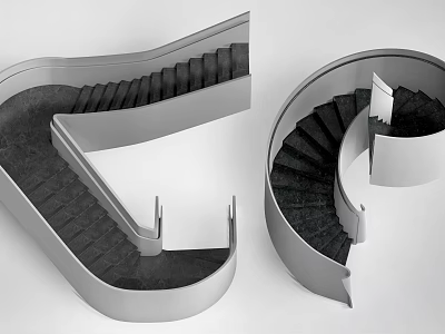 Modern Spiral Staircase Design With Silver Handrail And Black Steps 3d model