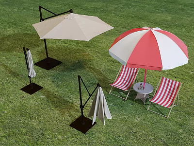 Different Styles Outdoor Sunshade Canopy with Foldable Design and Striped Chairs on Green Grass Lawn 3d model