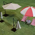 Different Styles Outdoor Sunshade Canopy with Foldable Design and Striped Chairs on Green Grass Lawn