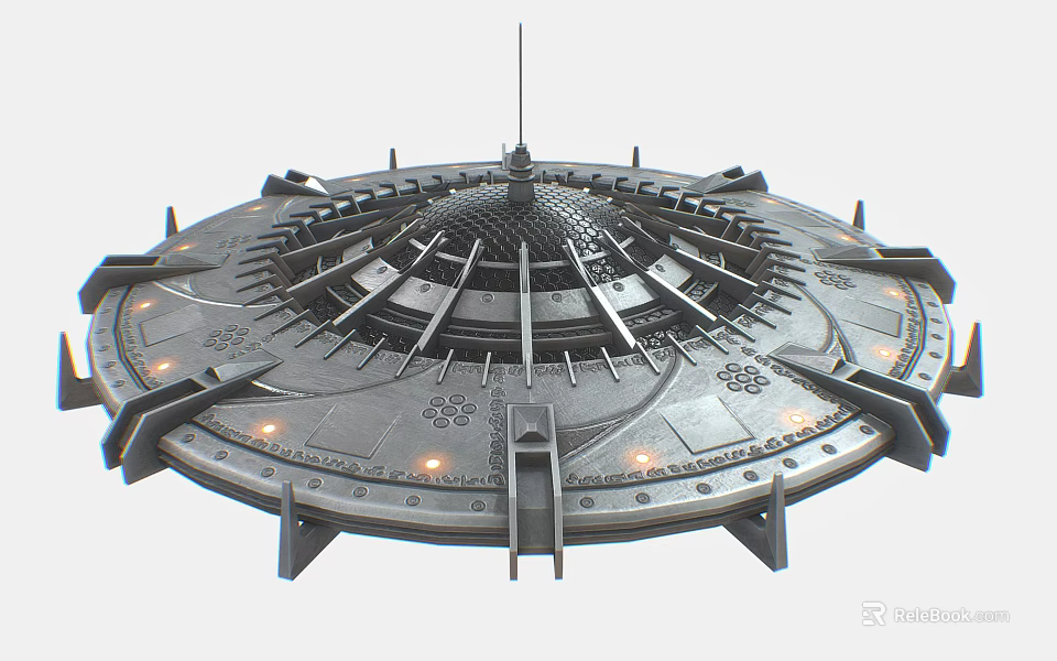 Futuristic Circular Metallic Platform With Central Antenna And Illuminated Mechanical Components 3d model 
